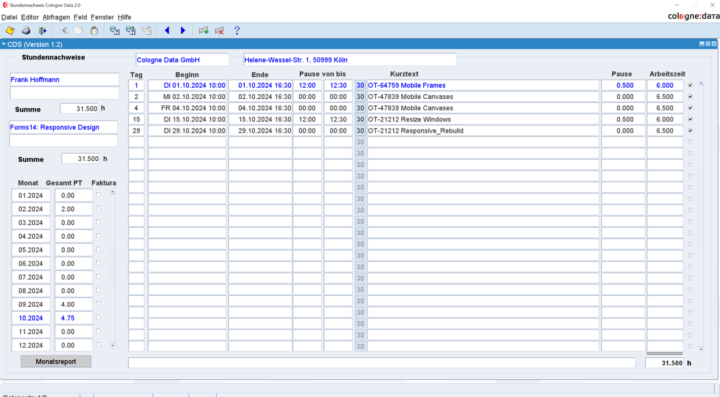 Original Oracle Forms Stundennachweise